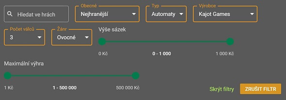 Filtrační systém u Chance Vegas - najděte svou oblíbenou hru