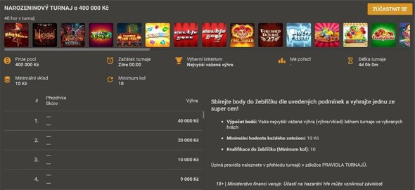 Narozeninový velký turnaj u Chance Vegas o 400 000 Kč