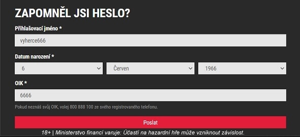 Formulář k obnovení hesla