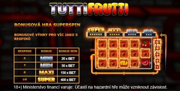 Bonusová hra Superspin na výherním automatu Tutti Frutti