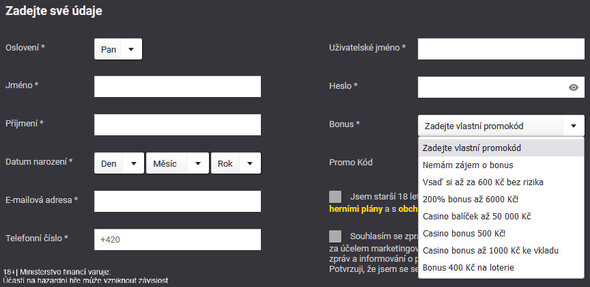 Fortuna registrační formulář a výběr bonusů