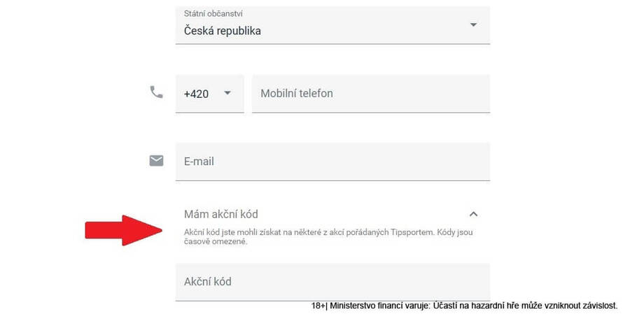 Políčko pro Tipsport promo kód v registračním formuláři